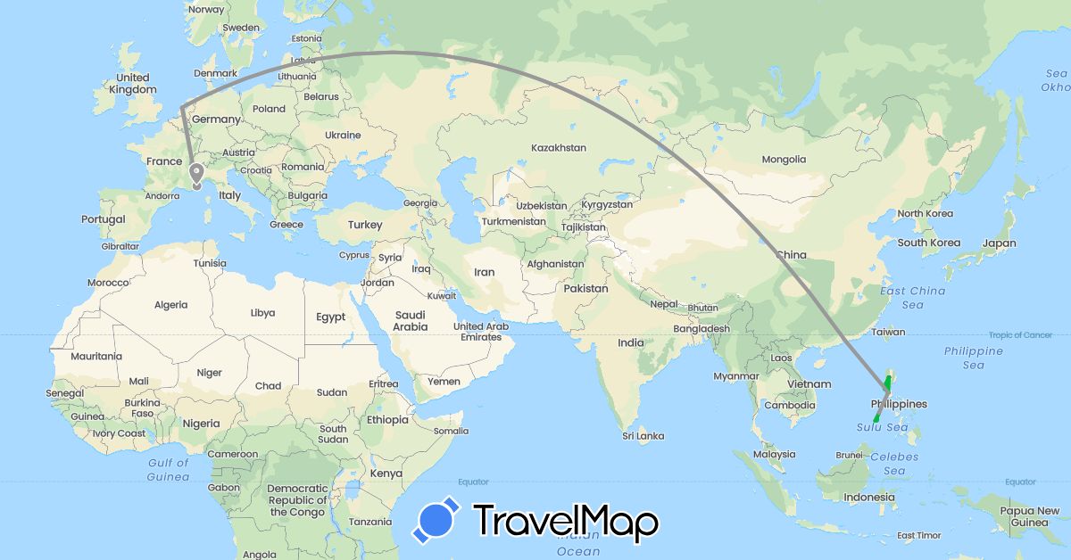 TravelMap itinerary: driving, bus, plane, hiking, motorbike in France, Hong Kong, Netherlands, Philippines (Asia, Europe)